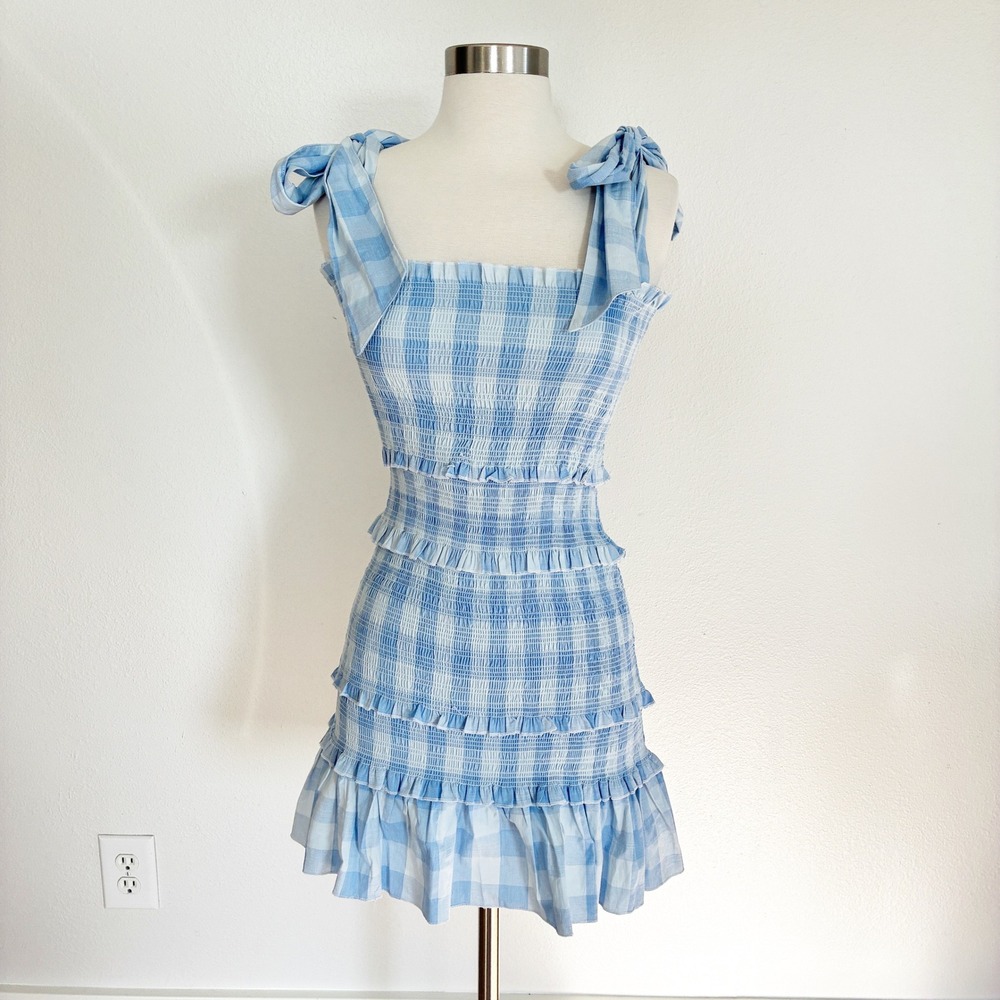 Mable Gingham Smocked Mini Dress Womens Size S Blue White Tie Shoulder Coquette